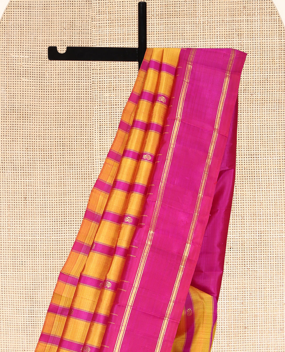 Yellow-Pink Striped Kanchipuram Silk Saree
