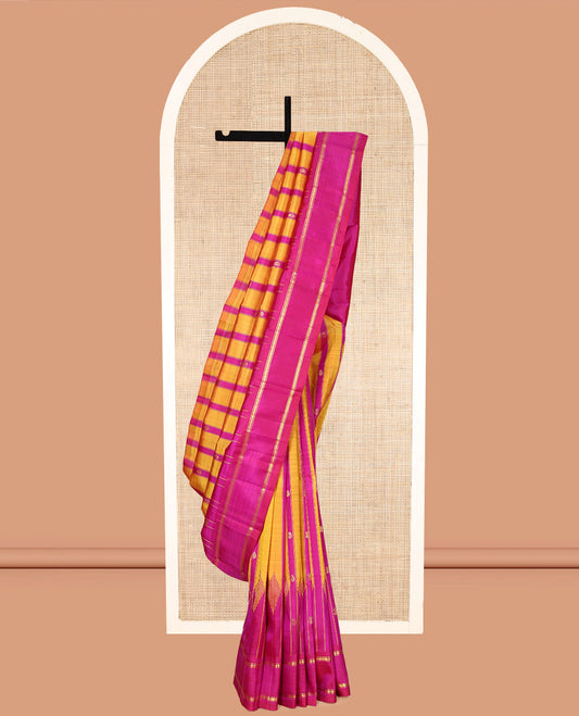 Yellow-Pink Striped Kanchipuram Silk Saree