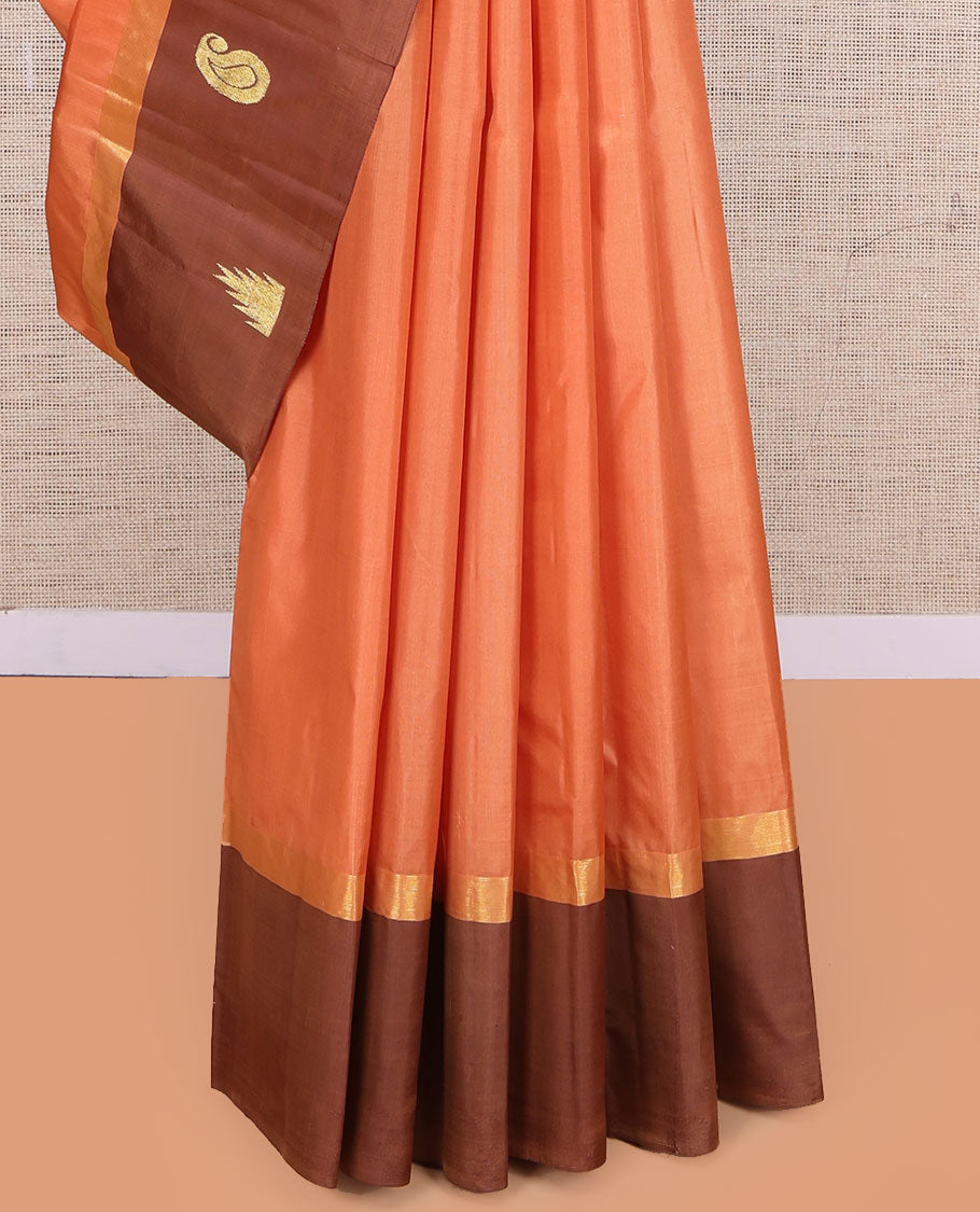 Orange Kanchipuram Silk Saree, Woven with Zari Buttas, Complemented by Contrast Manga-Thazampoo Rekku Border, Pallu of Zari Design, and a Contrast Blouse