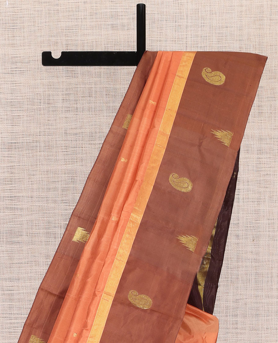 Orange Kanchipuram Silk Saree, Woven with Zari Buttas, Complemented by Contrast Manga-Thazampoo Rekku Border, Pallu of Zari Design, and a Contrast Blouse
