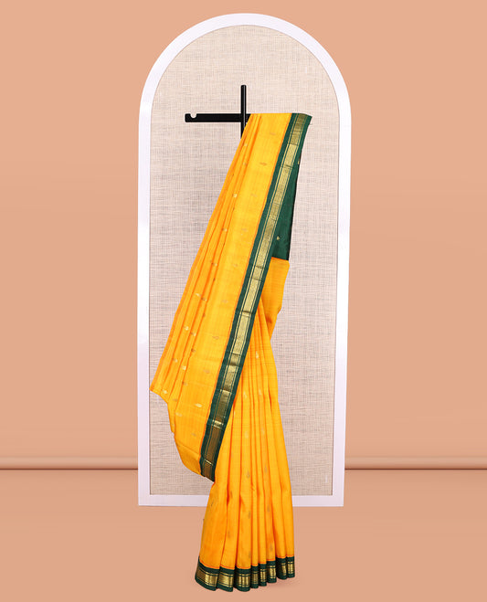 Orange Kanchipuram Silk Saree, Subtly Woven with Zari Buttas, a Contrast Korvai One-Sided Border of Banaras, and Jaal Designs, Zari Design Pallu, and No Blouse