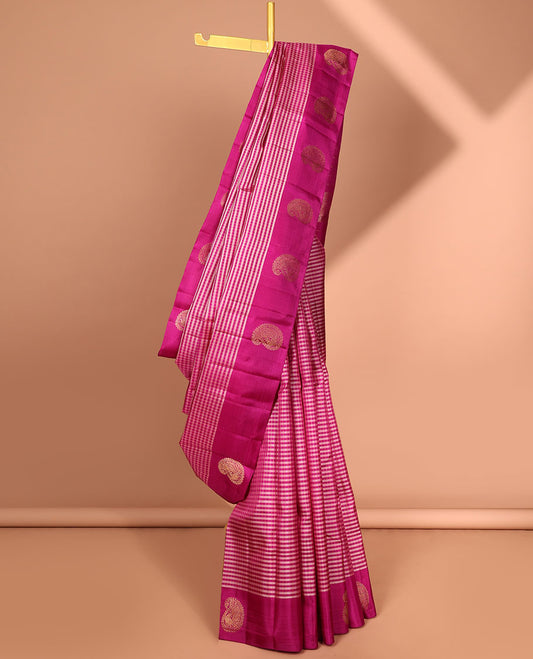 Pink  checked kancheepuram silk saree with self paisley buttas border & striped zari design pallu