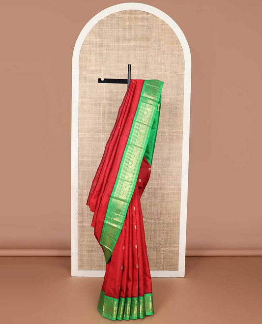 Red buttas kancheepuram silk saree with contrast korvai zari design border & floral design pallu