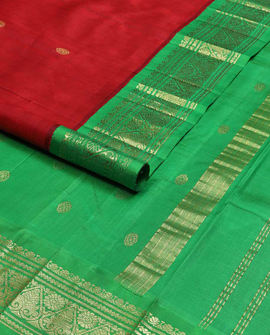 Red buttas kancheepuram silk saree with contrast korvai zari design border & floral design pallu