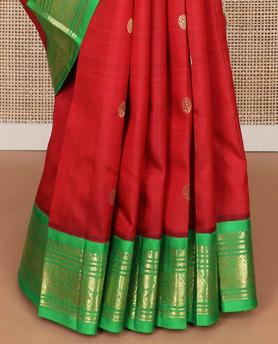 Red buttas kancheepuram silk saree with contrast korvai zari design border & floral design pallu