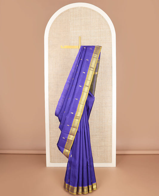 Ultramarine blue zari buttas Kanchipuram silk saree, contrast one-sided border of rekku & mayil kann & zari design pallu