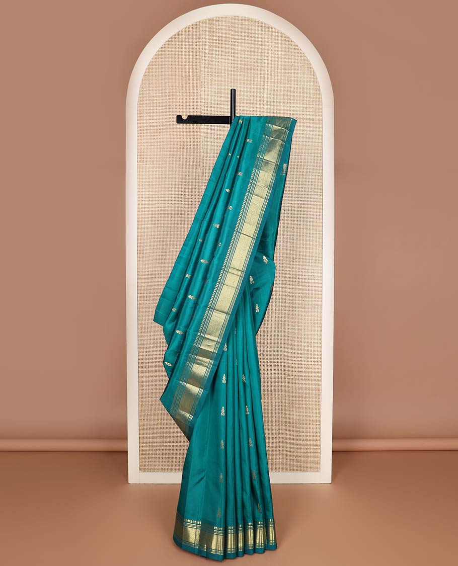 Green zari buttas kanchipuram silk saree, one-sided zari border of panner sombu,banaras,muthu & jaal & zari design pallu