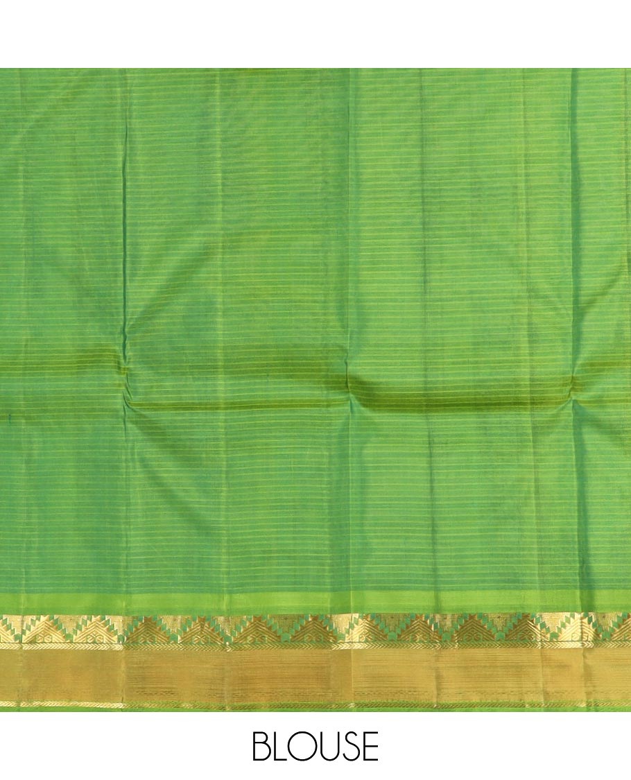 Green striped Kanchipuram silk saree, contrast rettai pettu border of thazampoo rekku, and kathir designs, and zari striped pallu