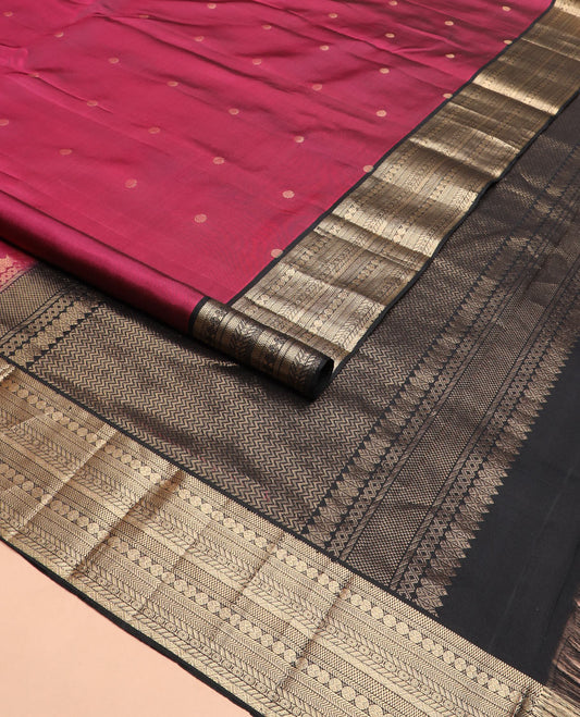 Wine zari buttas Kanchipuram silk saree, contrast border of bentex, kathir, rudraksham, and kamalam designs, and vanki design pallu