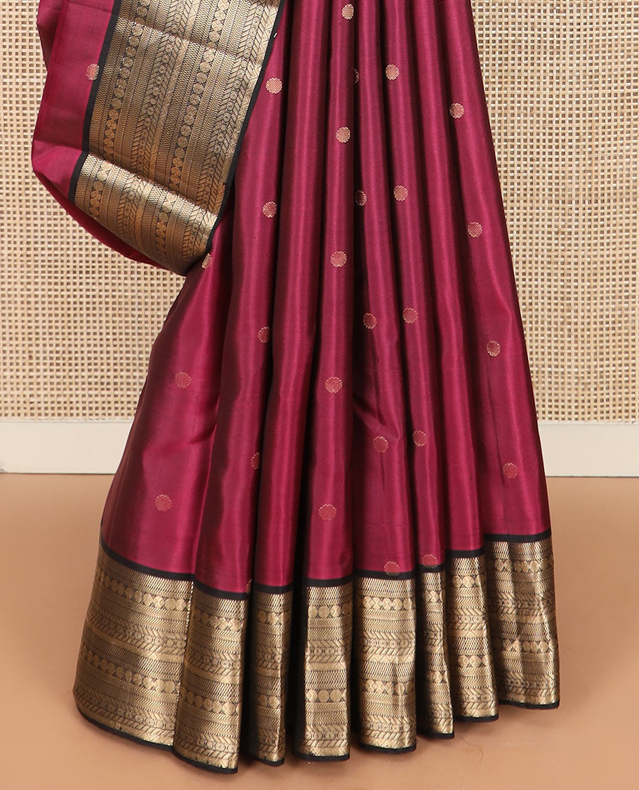 Wine zari buttas Kanchipuram silk saree, contrast border of bentex, kathir, rudraksham, and kamalam designs, and vanki design pallu