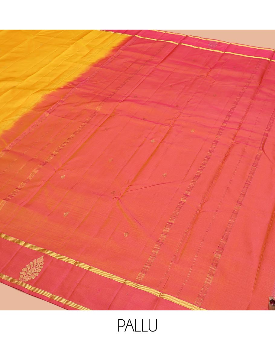 Yellow Plain Kanchipuram Silk Saree, Complemented by a Captivating Contrast Border of Zari Designs, Zari Designs Woven Pallu, and Paired with a Contrast Blouse
