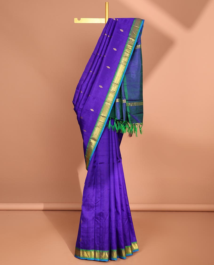 Violet buttas kancheepuram silk saree with contrast border of banaras, jaal design & striped, floral design pallu