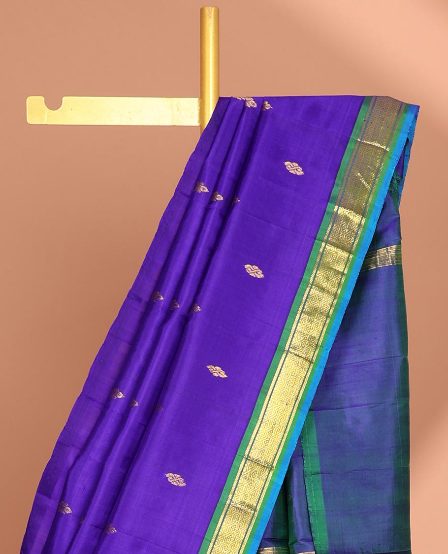 Violet buttas kancheepuram silk saree with contrast border of banaras, jaal design & striped, floral design pallu
