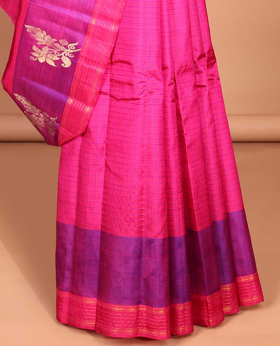 Pink checked kancheepuram silk saree with contrast zari design border & striped ,floral design pallu