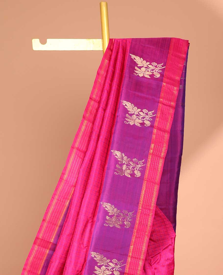 Pink checked kancheepuram silk saree with contrast zari design border & striped ,floral design pallu