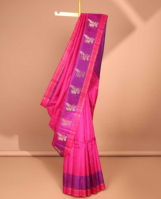 Pink checked kancheepuram silk saree with contrast zari design border & striped ,floral design pallu
