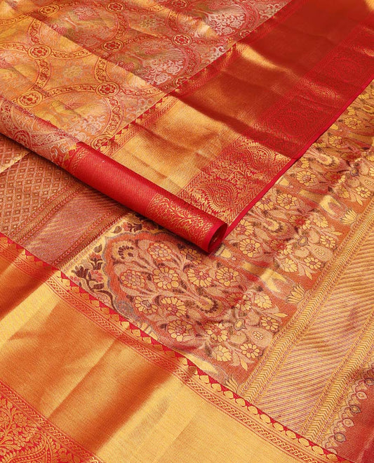 Orange floral design kancheepuram silk saree with contrast border of thilakam mokku, banaras design & zari design pallu