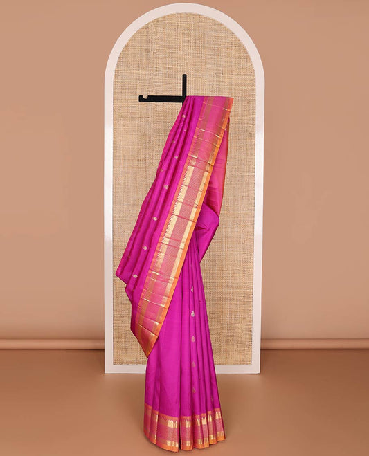 Pink kancheepuram silk saree with zari buttas, contrast border of rekku, banaras, diamond & muthu designs & zari design pallu