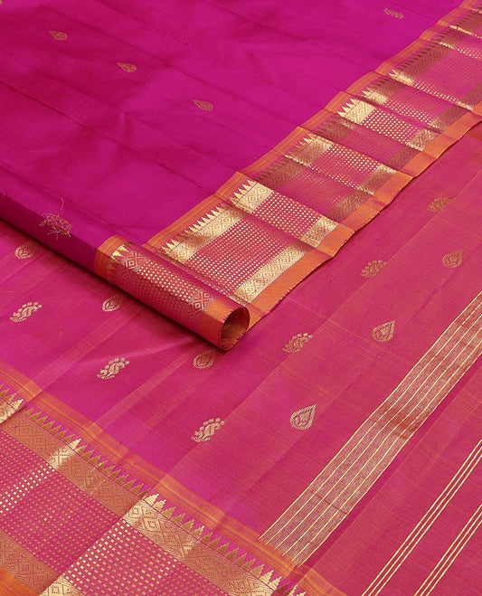 Pink kancheepuram silk saree with zari buttas, contrast border of rekku, banaras, diamond & muthu designs & zari design pallu