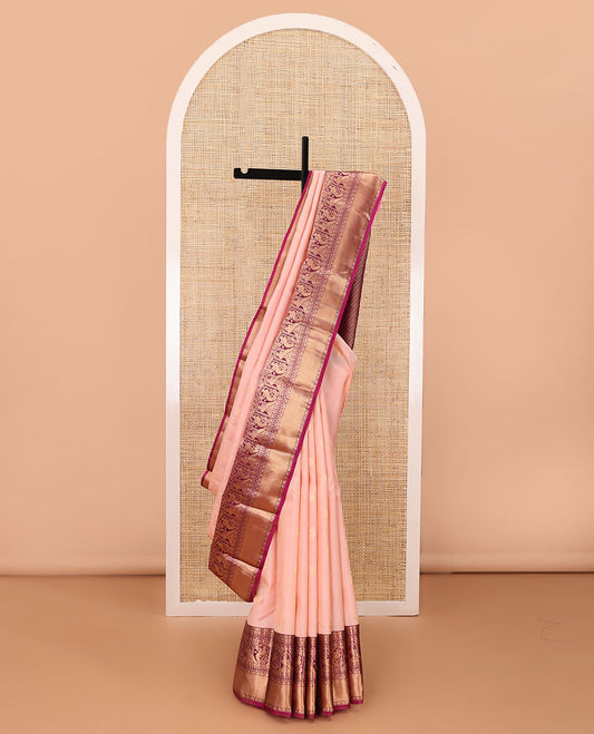Pink zari buttas silk saree, contrast border of rudraksham,rettai neli, manga & mayil designs & jaal pallu