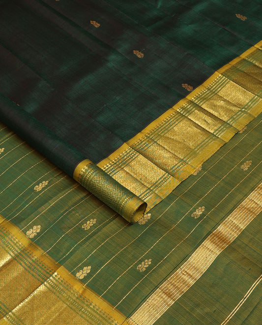Green zari buttas Kanchipuram silk saree, contrast one-sided border of panner sombu,banaras,muthu & mayil kann & zari design pallu