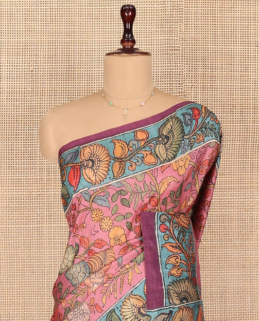 Pink Semi-Tussar Saree Detailed with Kalamkari-Style Colorful Floral Print, Complemented by a Contrast Floral Printed Border, Pallu Depicting Krishna and Gopis Print, and Paired with a Matching Printed Blouse