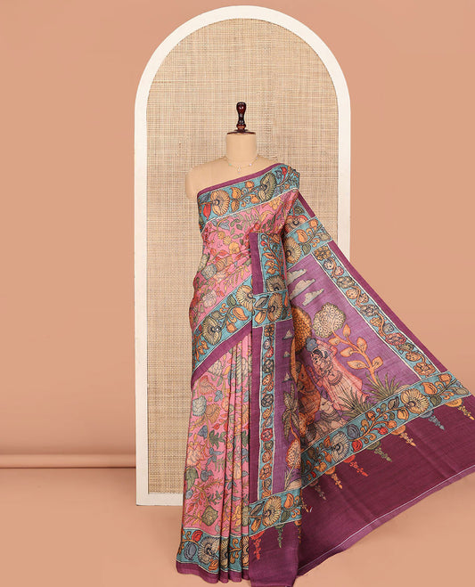Pink Semi-Tussar Saree Detailed with Kalamkari-Style Colorful Floral Print, Complemented by a Contrast Floral Printed Border, Pallu Depicting Krishna and Gopis Print, and Paired with a Matching Printed Blouse