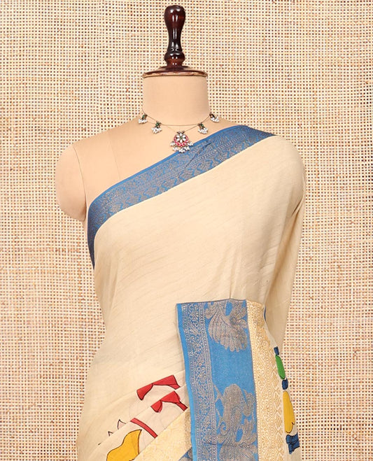 Sandal Kalamkari Printed Semi-Banarasi Tussar Saree, Beautified with Pichwai Cow-Lotus, Contrast Traditional Border, Contrast Peacock Printed Pallu, and a Contrast Blouse