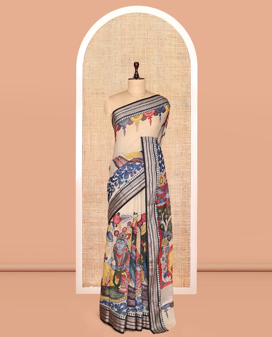 Light Sandal Kalamkari Silk Saree, Finely Crafted with Ancient Human Figurines, a Contrast Traditional Border, Pallu of Ancient Human Figurines, and a Contrast Blouse