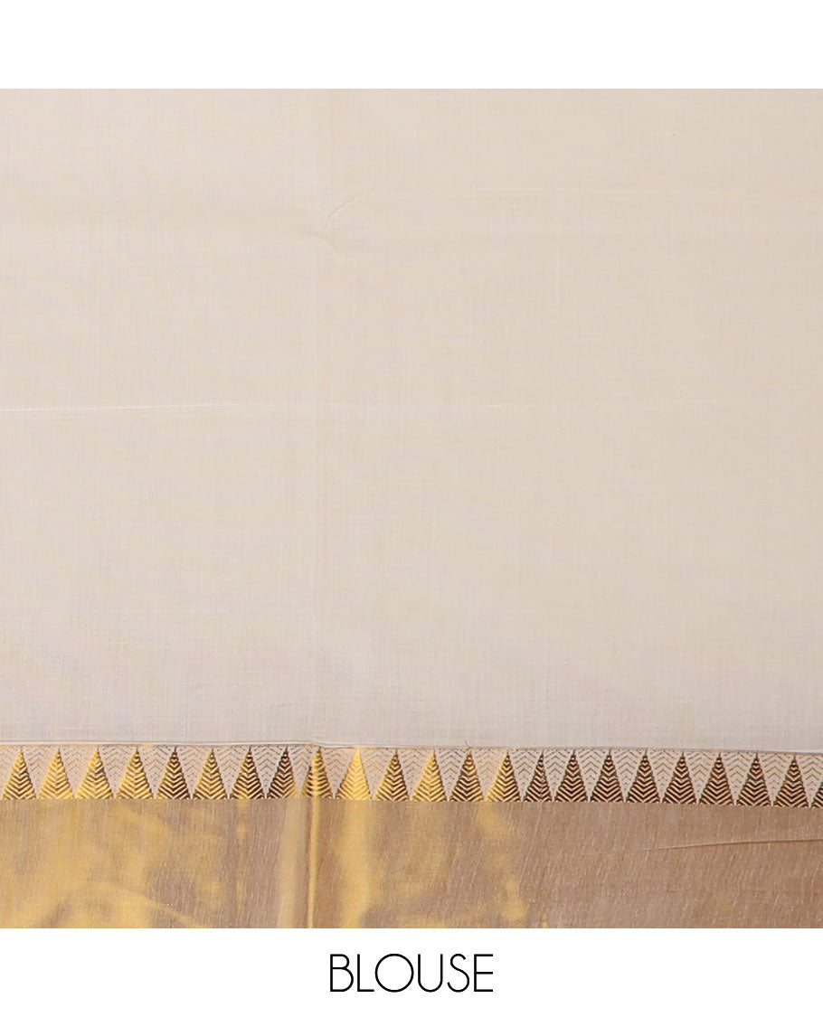 Cream zari design Kerala saree, zari temple border, and pallu features temple and floral designs