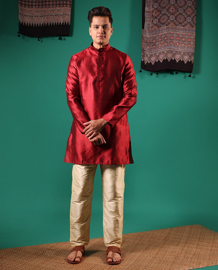 Red peacock eye style diamond patterns embossed full-sleeved men's kurta