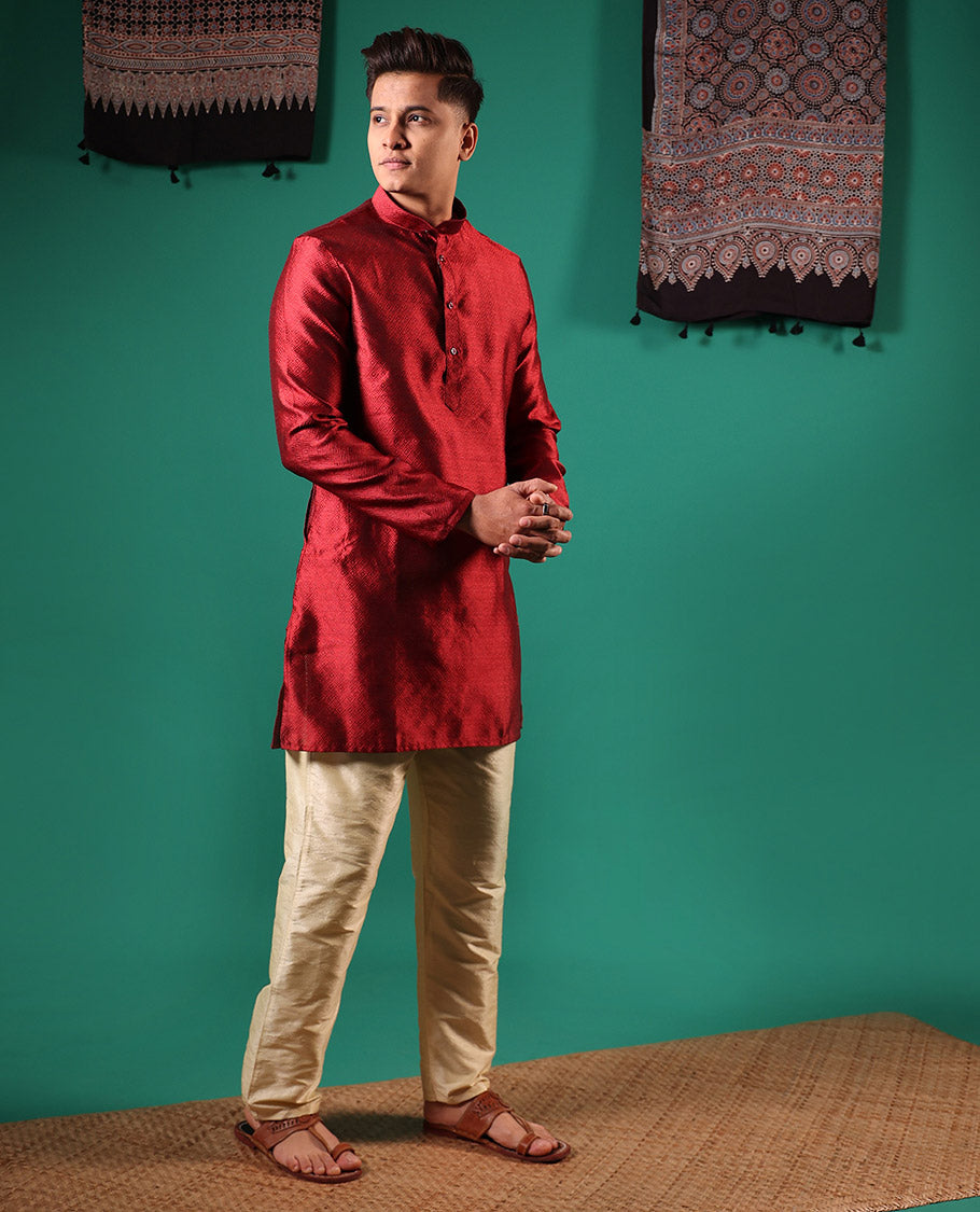 Red peacock eye style diamond patterns embossed full-sleeved men's kurta