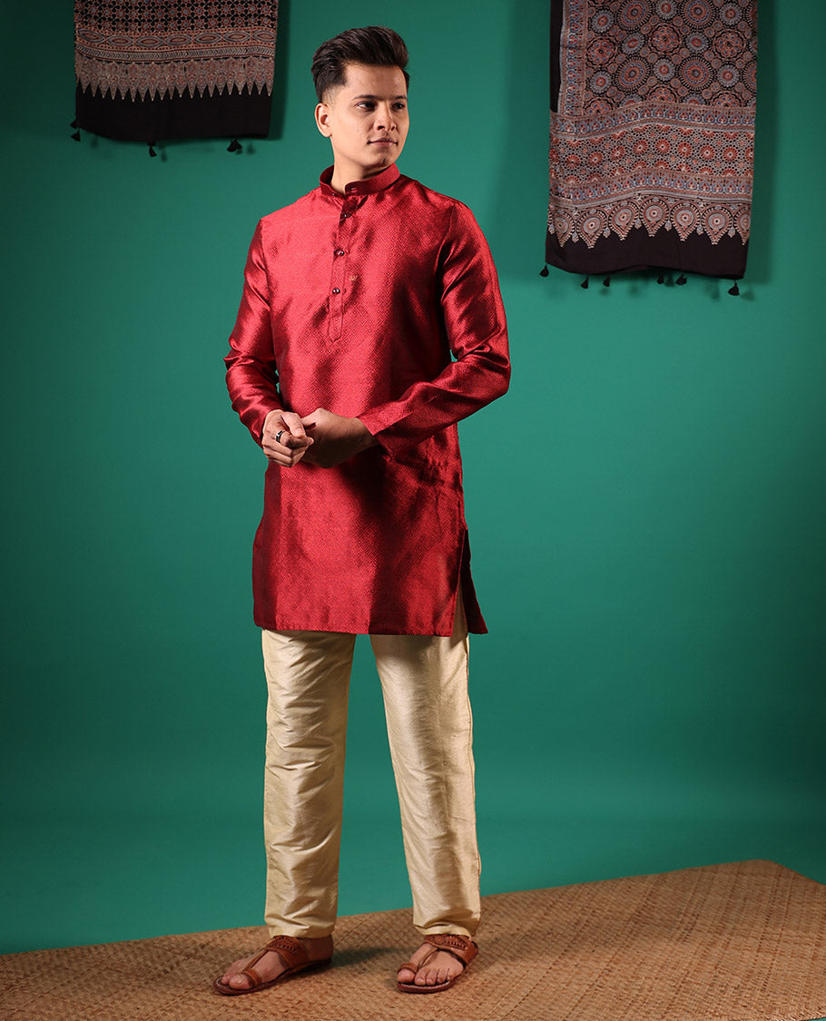 Red peacock eye style diamond patterns embossed full-sleeved men's kurta
