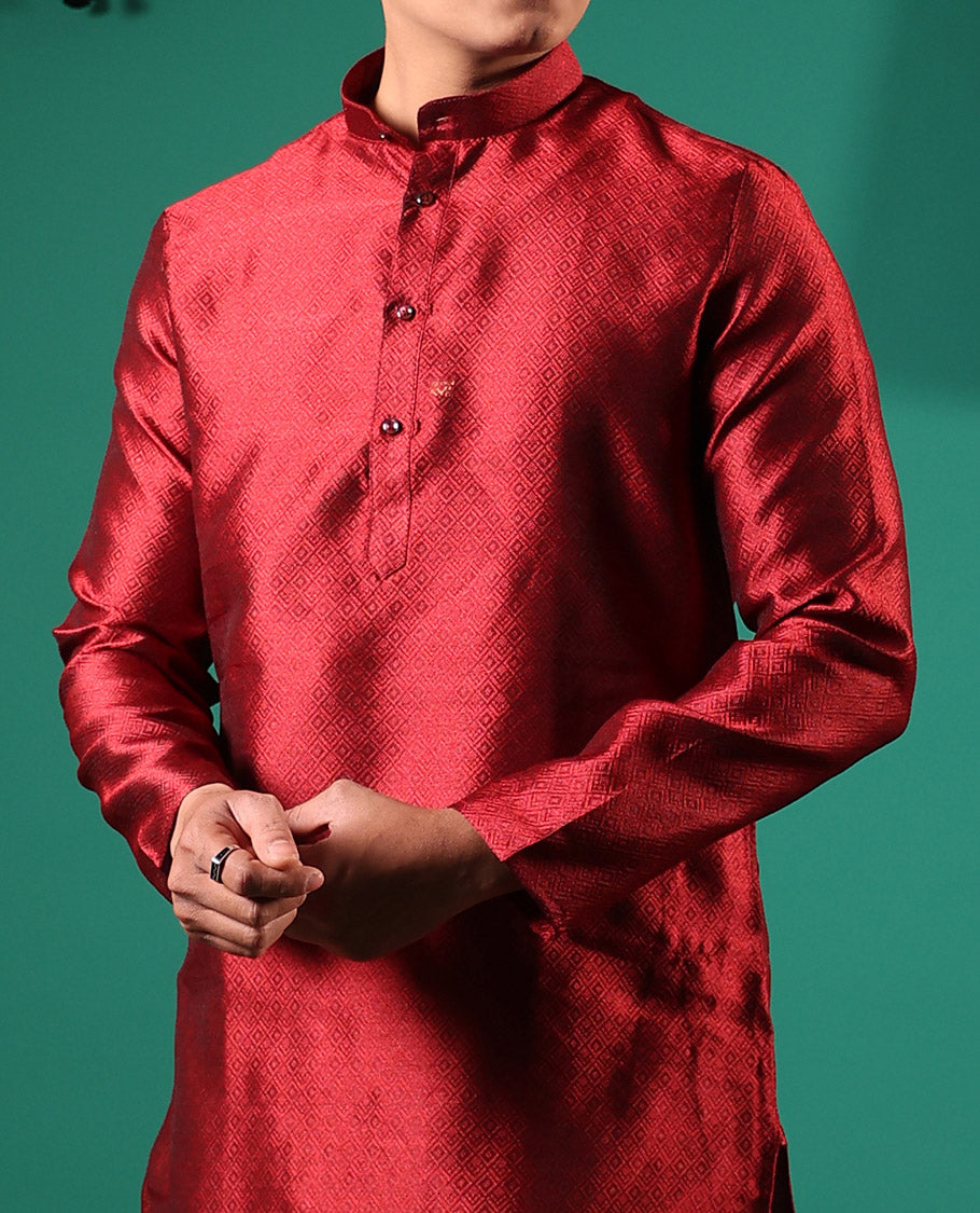 Red peacock eye style diamond patterns embossed full-sleeved men's kurta