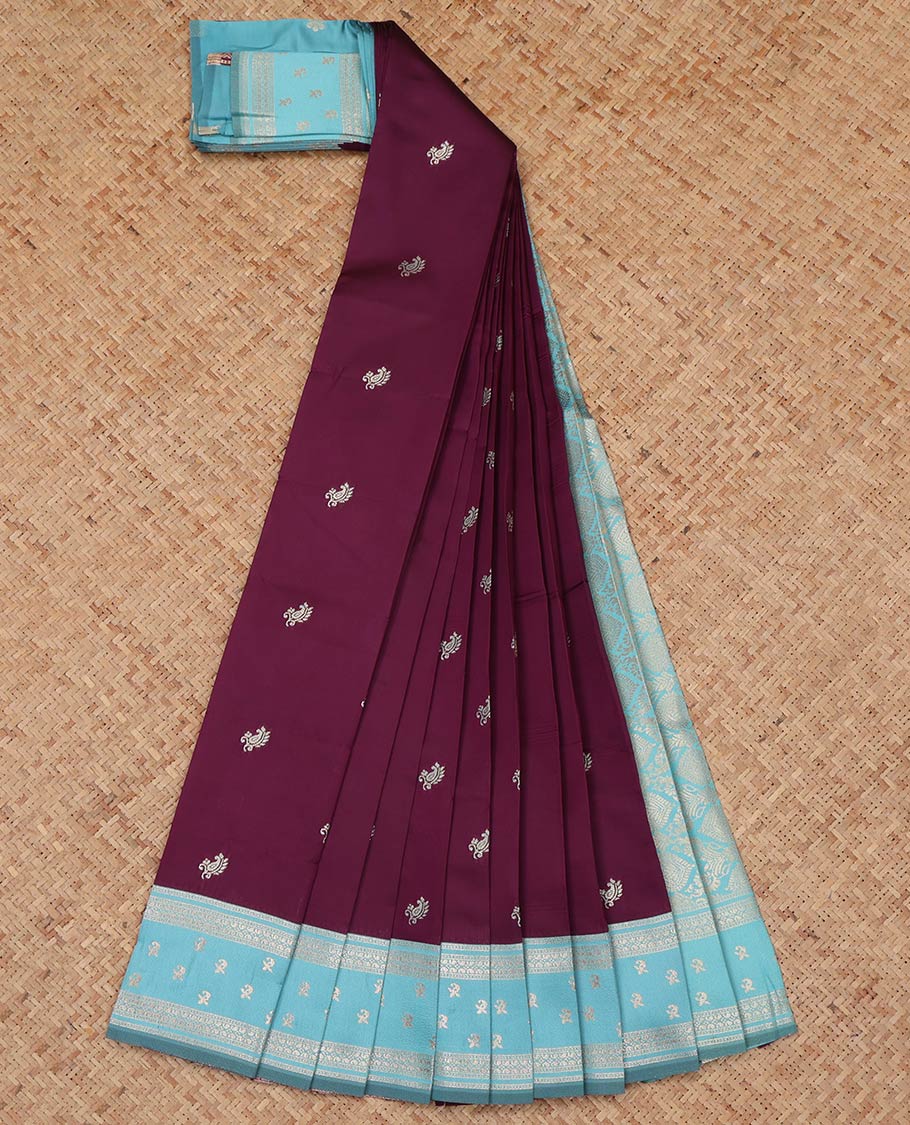 Wine Litchi Saree, Bedecked with Zari Buttas, a Contrast Traditional Zari Border, Grand Pallu, and a Contrast Blouse