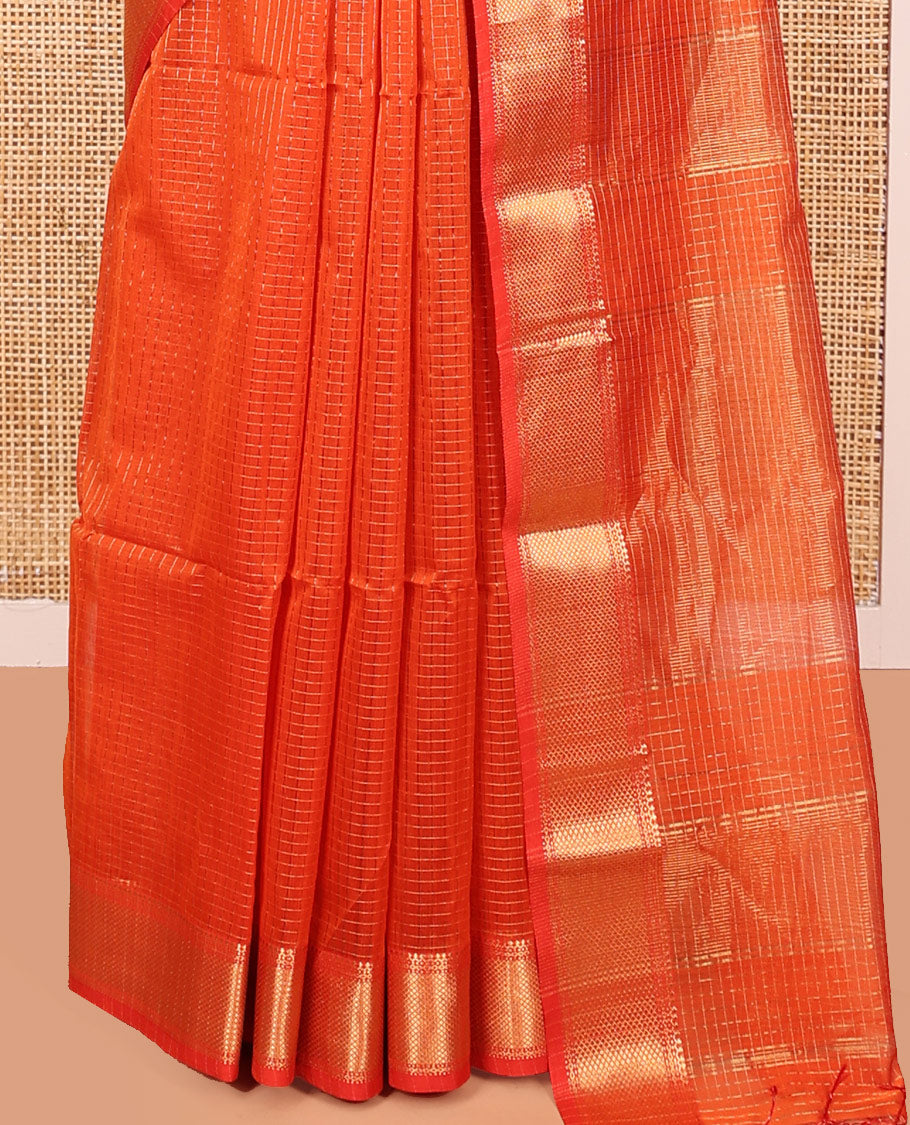 Orange Maheshwari Cotton Saree, Gleamed up with Zari Checked Design On Its Body, Suble Traditional Zari Designs Woven Border, Self-pallu and Paired with a Matching Blouse