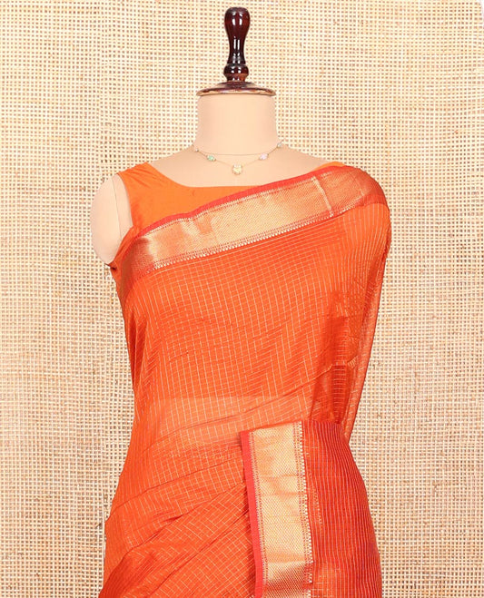 Orange Maheshwari Cotton Saree, Gleamed up with Zari Checked Design On Its Body, Suble Traditional Zari Designs Woven Border, Self-pallu and Paired with a Matching Blouse