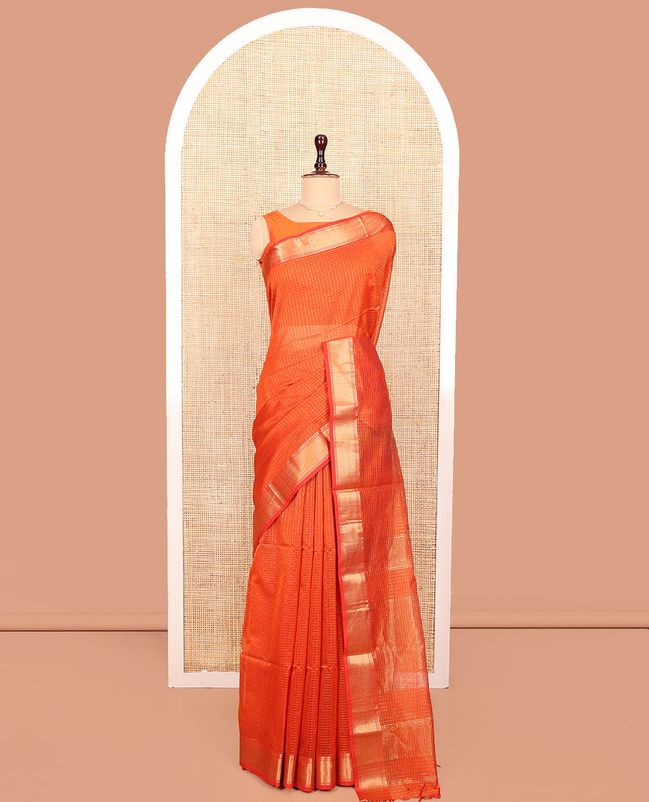Orange Maheshwari Cotton Saree, Gleamed up with Zari Checked Design On Its Body, Suble Traditional Zari Designs Woven Border, Self-pallu and Paired with a Matching Blouse