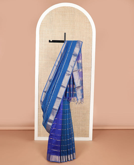 Blue stripedmaheshwari cotton saree with self floral zari design border & checked pallu