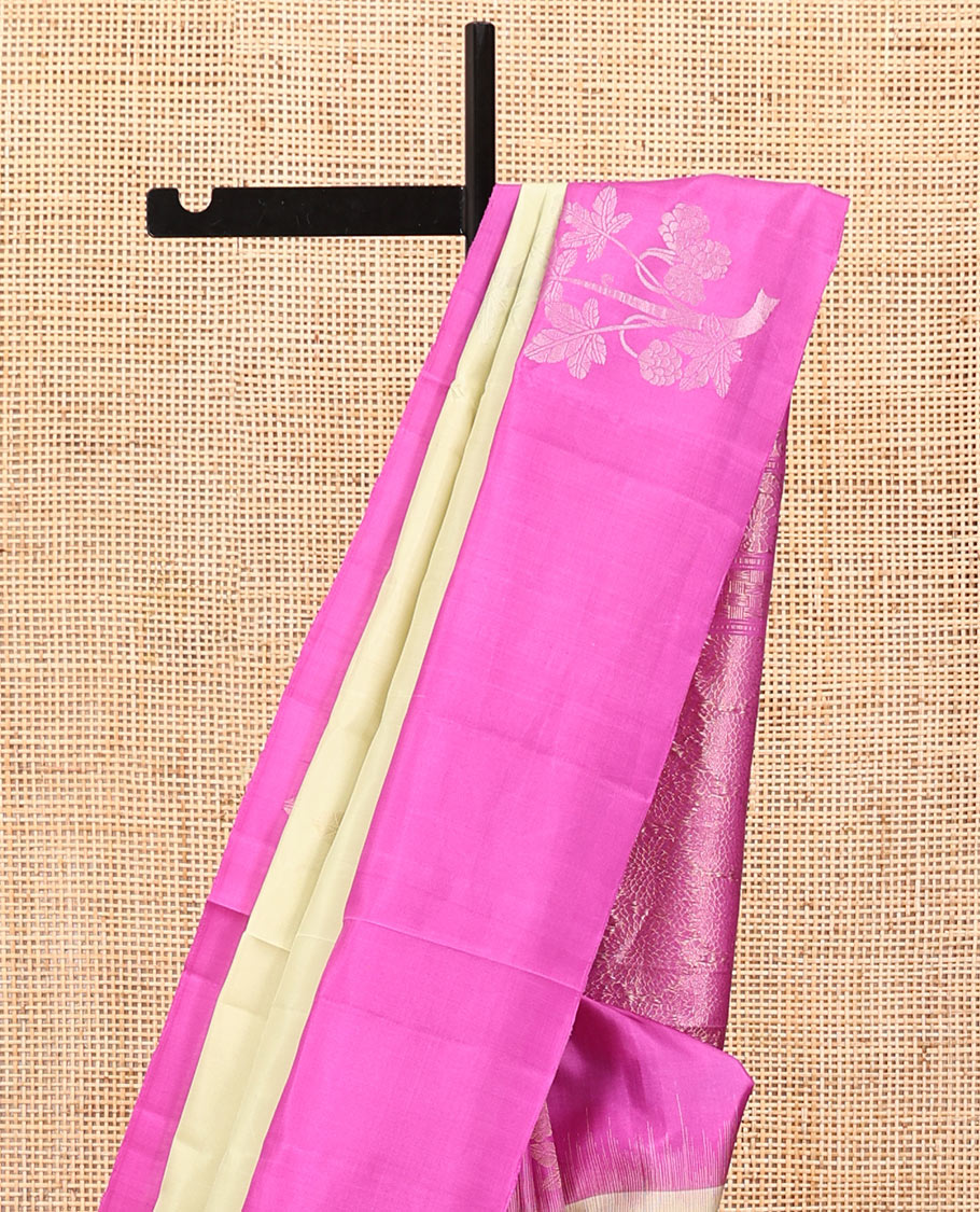 Pale Yellow Mayuri Soft Silk Saree, Finely Crafted with Floral Zari Buttas All Over Its Body, Complemented by Contrast Border of Floral Designs, Intricately Designed Pallu, and Paired with a Contrast Blouse