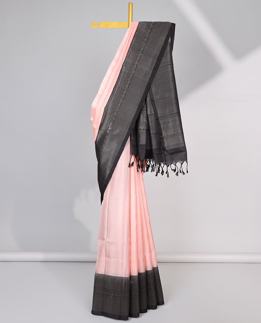 Pink Mayur soft silk saree with contrast zari design border & argyle pattern pallu