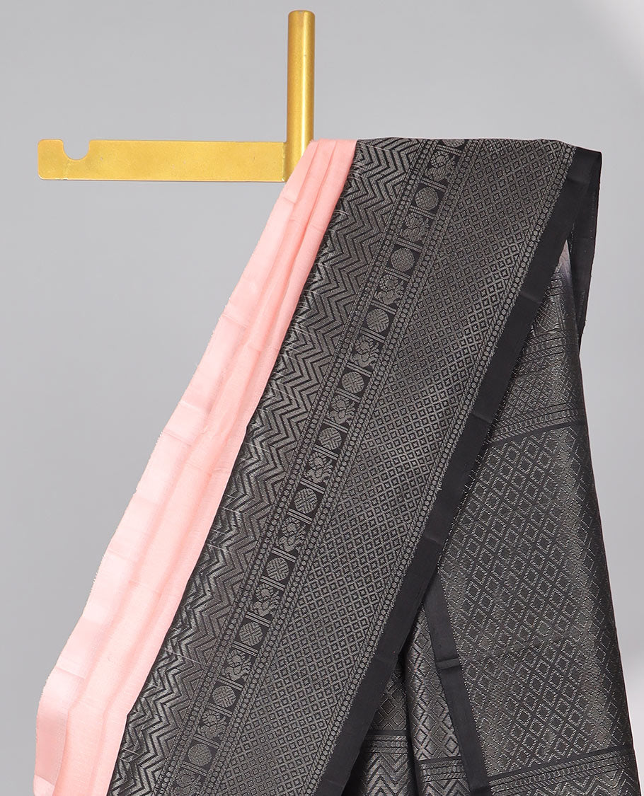 Pink Mayur soft silk saree with contrast zari design border & argyle pattern pallu