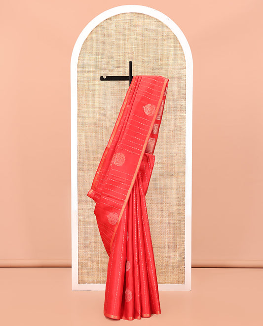 Red Mayuri Soft Silk Saree, Richly Detailed with Zari Buttas and Zari Stripes On Its Body, Subtle Piping Zari Border, Grandly Decked Up Pallu and Paired with a Matching Blouse