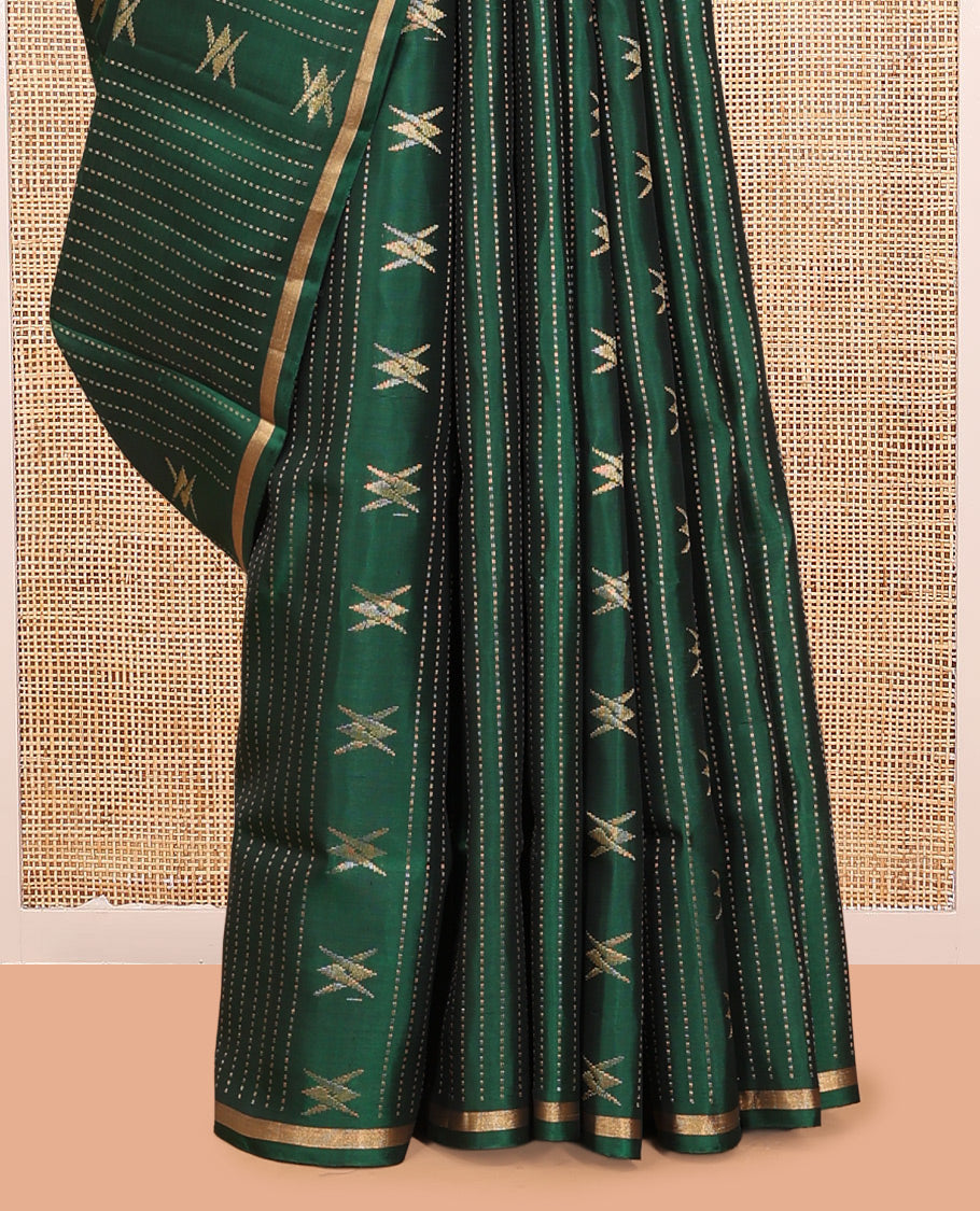 Green Mayuri Lite Silk Mix Saree, Accentuated with Floral Zari Buttas and Muthu Stripes, a Piping Border, a Grand Parrot Motif Pallu, and a Matching Blouse