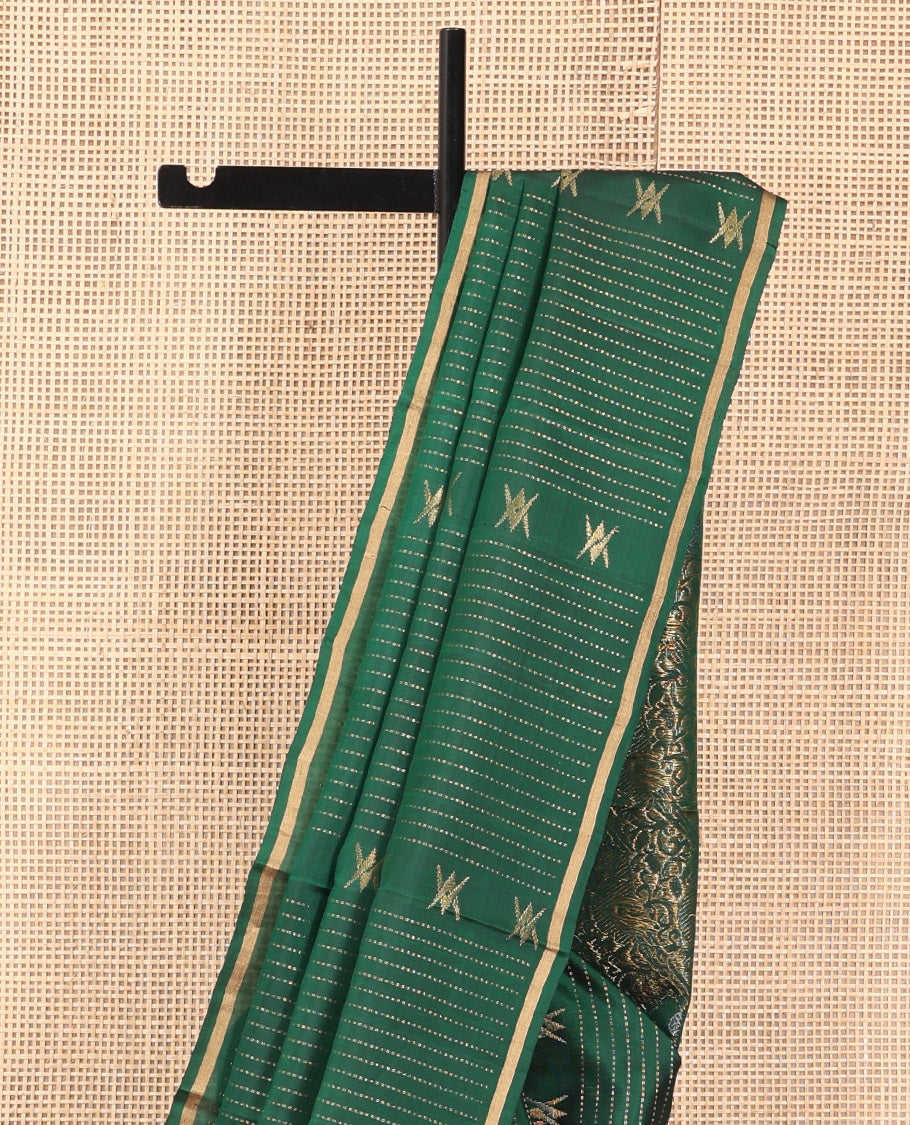 Green Mayuri Lite Silk Mix Saree, Accentuated with Floral Zari Buttas and Muthu Stripes, a Piping Border, a Grand Parrot Motif Pallu, and a Matching Blouse