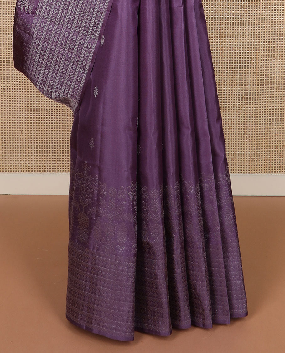 Purple zari buttas soft silk saree, zari border & pallu of floral, kathir & lavangam designs