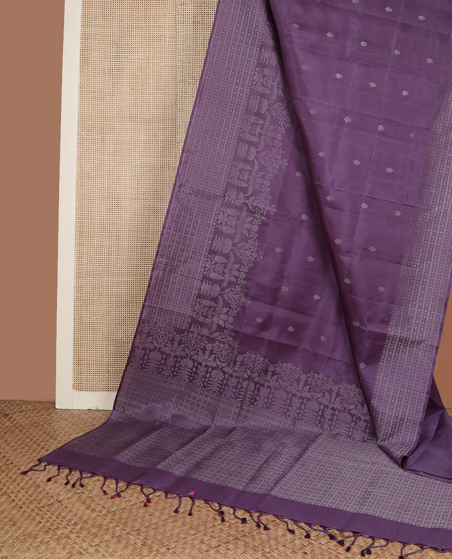 Purple zari buttas soft silk saree, zari border & pallu of floral, kathir & lavangam designs
