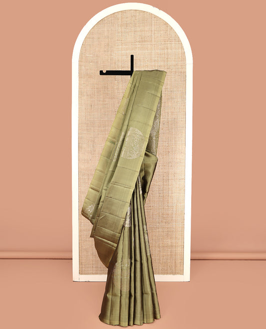Borderless Pale Green Mayuri Lite Silk Mix Saree, Uniquely Detailed with Round Buttas All Over Its Body, Highlighted by a Self-Pallu of Sea-Themed Designs, and Paired with a Matching Blouse