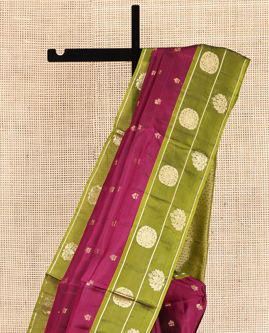 Maroon Mayuri Lite Silk Mix Saree, Adorned with Zari Buttas, Complemented by Contrast Zari Border, Grand Jaal Pallu, and a Contrast Blouse