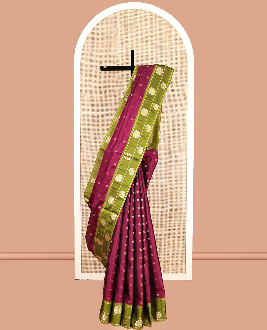 Maroon Mayuri Lite Silk Mix Saree, Adorned with Zari Buttas, Complemented by Contrast Zari Border, Grand Jaal Pallu, and a Contrast Blouse